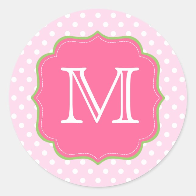 Polka Dots Monogram Pink and Green Classic Round Sticker (Front)