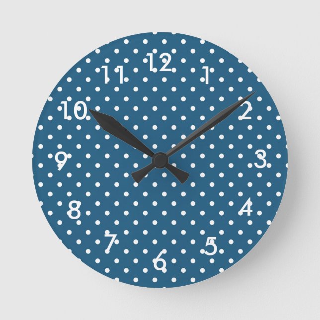 Polka Dots on Dark Blue Round Clock (Front)