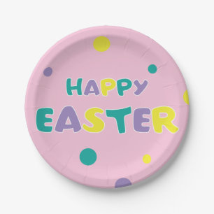 Polka Dots Pastel Pink Happy Easter Paper Plate