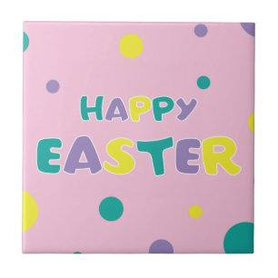 Polka Dots Pastel Pink Happy Easter Tile