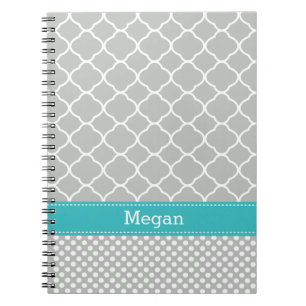 Polka Dots Pattern Aqua and Grey Custom Name Notebook