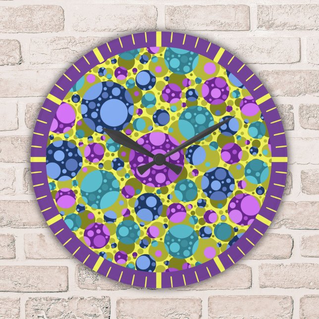 Polka Dots Pattern in Pink Blue Teal -  Large Clock (Creator Uploaded)