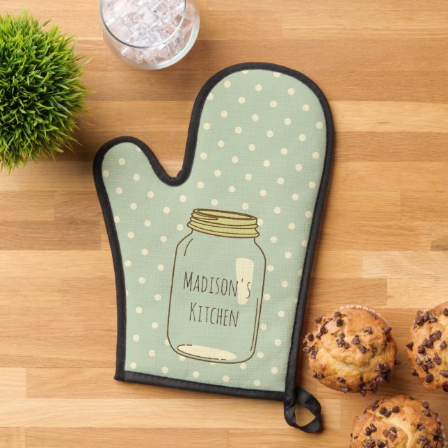 Polka Dots Personalised Mason Jar Oven Mitt (Top down)