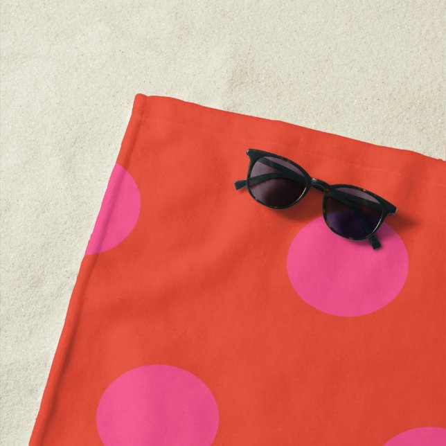 Polka Dots Pink and red Orange monogrammed Beach Towel (In Situ)