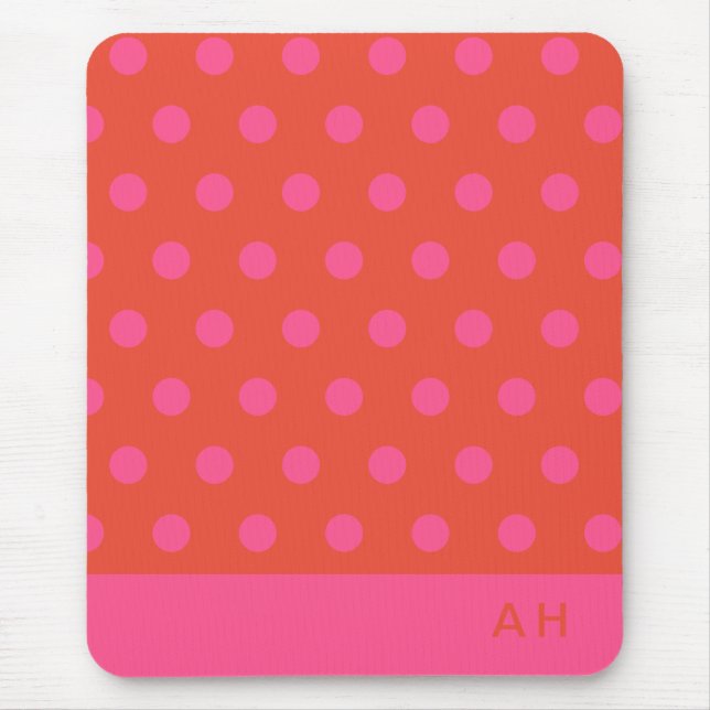 Polka Dots Pink and red Orange monogrammed Mouse Pad (Front)