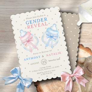 Polka Dots Pink Blue Bow Milk Bottle Gender Reveal Invitation