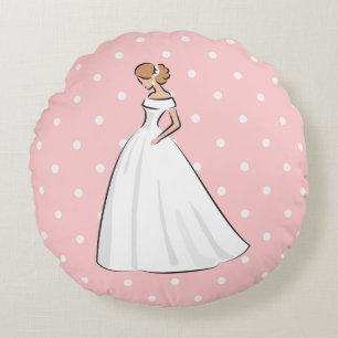 Polka Dots Pink Bridal Shower White Wedding dress Round Cushion