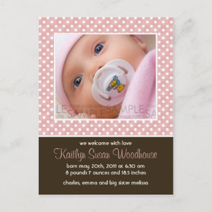 Polka Dots Pink/Brown • Baby Announcement Postcard