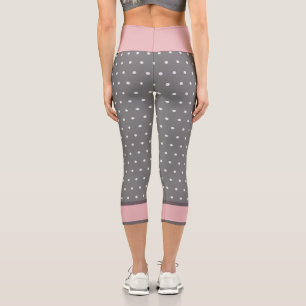 Polka Dots Pink White Light Grey Capri Leggings