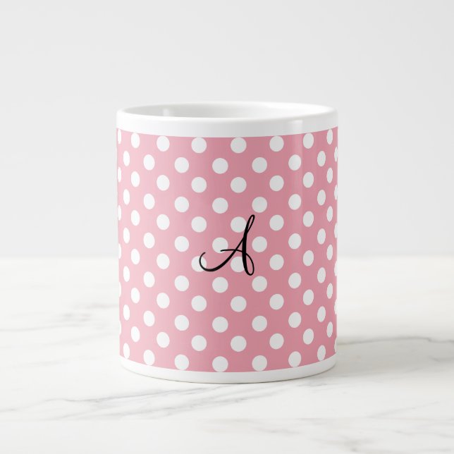 Polka dots pink white monogram large coffee mug (Front)