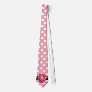 Polka dots pink white monogram pink rose tie