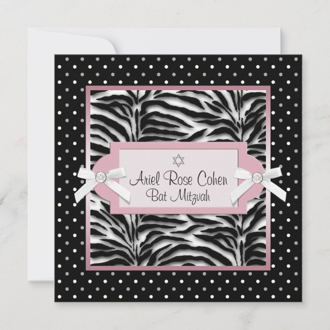 Polka Dots Pink Zebra Bat Mitzvah Invitations (Front)