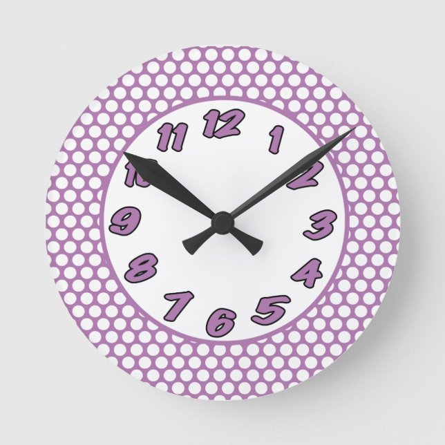 Polka Dots- Purple & White Round Clock (Front)
