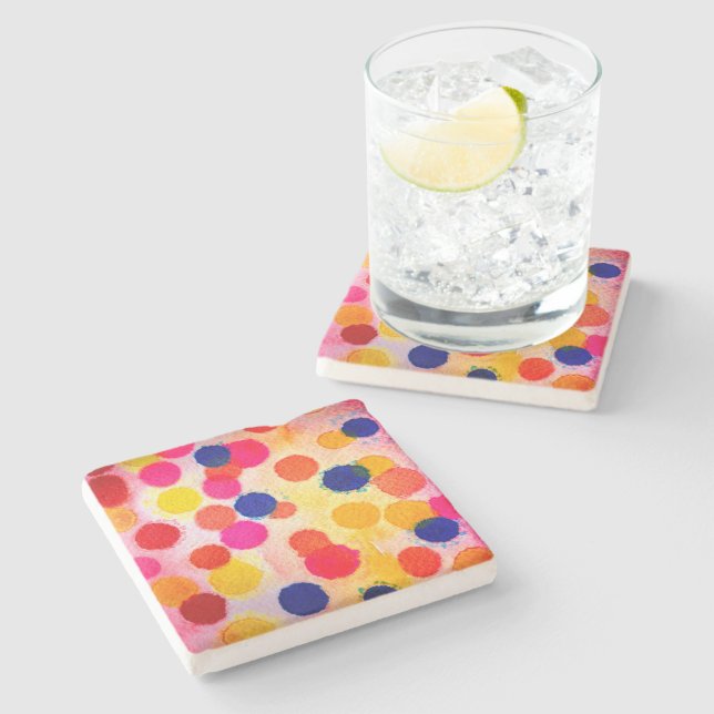 Polka dots rainbow waterclor stone coaster (Side)