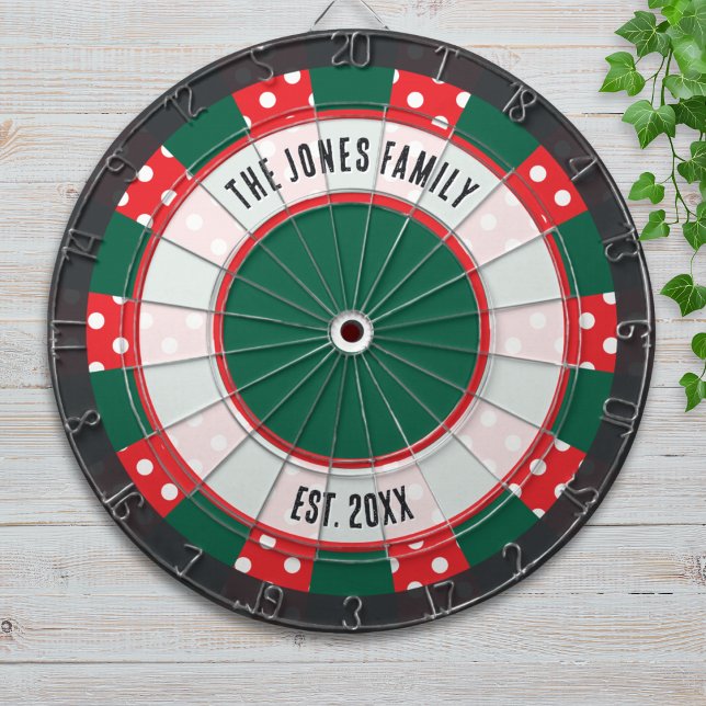 Polka Dots Red Green Black and White Dartboard (A stylish dartboard in red, white and green, with polka dots, custom name and 'established' year)