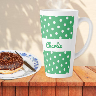 Polka Dots Retro Personalised Green White Latte Mug