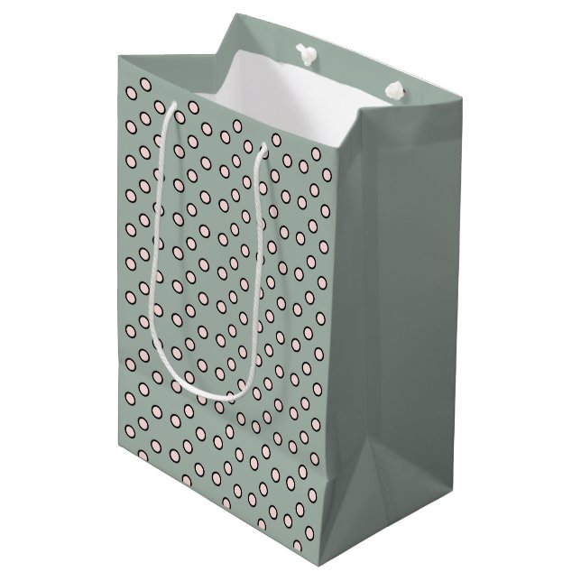 Polka dots sage green and pale pink medium gift bag (Front Angled)