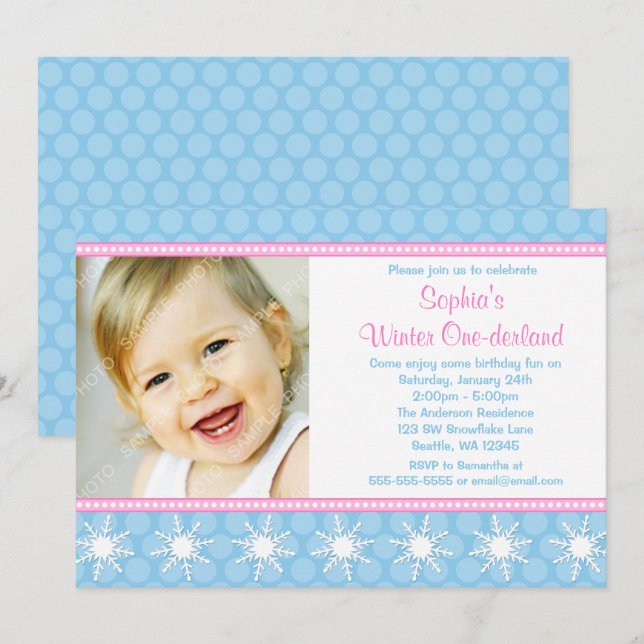 Polka Dots Snowflakes Winter Onederland Birthday Invitation (Front/Back)