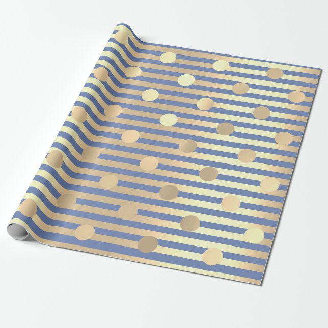 Polka Dots Stripes Champaigne Gold Blue Pastel Wrapping Paper (Unrolled)