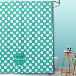 Polka Dots Turquoise & White Initial Family Name Shower Curtain