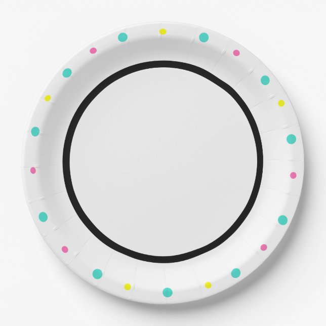 Polka Dots Turquoise Yellow Pink Black Paper Plate (Front)