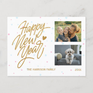 Polka Dots Two Photos New Year Gold Calligraphy Postcard
