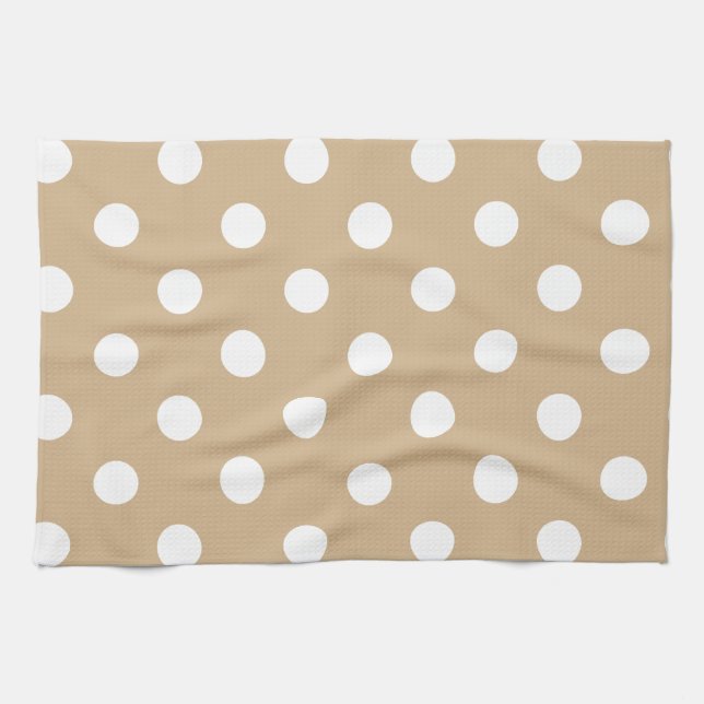 Polka Dots - White on Tan Tea Towel (Horizontal)
