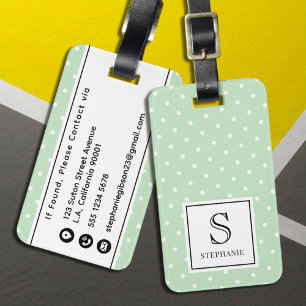 Polka Dots White Pattern with Black Monogram Green Luggage Tag