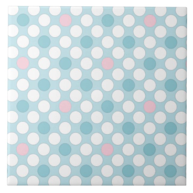 Polka dots white pink blue retro ceramic tile (Front)