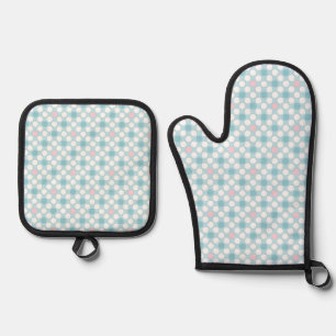 Polka dots white pink blue retro oven mitt & pot holder set