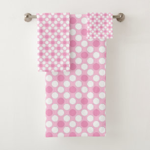 Polka dots white pink retro bath towel set