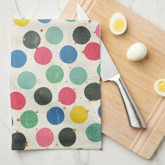 Polka Dots with Gold Stars, multi-coloured Tea Towel (Quarter Fold)