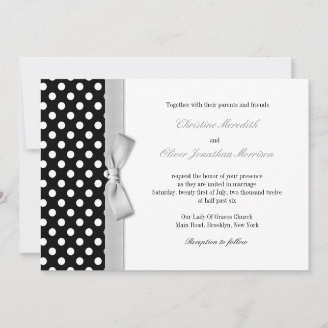 Polka Dots With Grey Bow Wedding Invitation (Front)