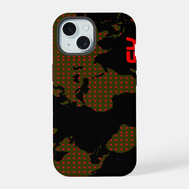 Polka Dots World Map red initials iPhone 15 Case (Back)