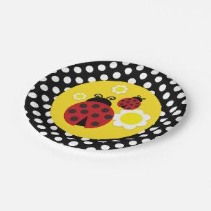 Polka Dots Yellow Flowers Red Ladybug Baby Shower Paper Plate