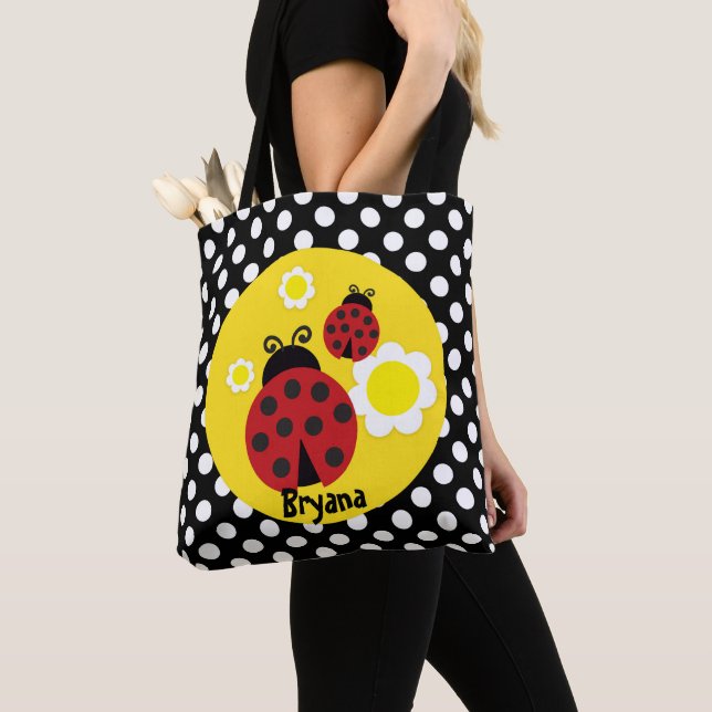 Polka Dots Yellow Flowers Whimsical Red Ladybug Tote Bag (Close Up)