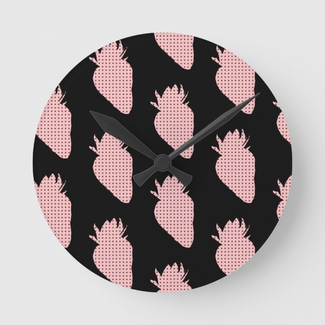 Polka Dotted Pink Strawberries Round Clock (Front)