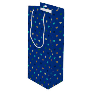Polka hearts in peacock blue shades wine gift bag
