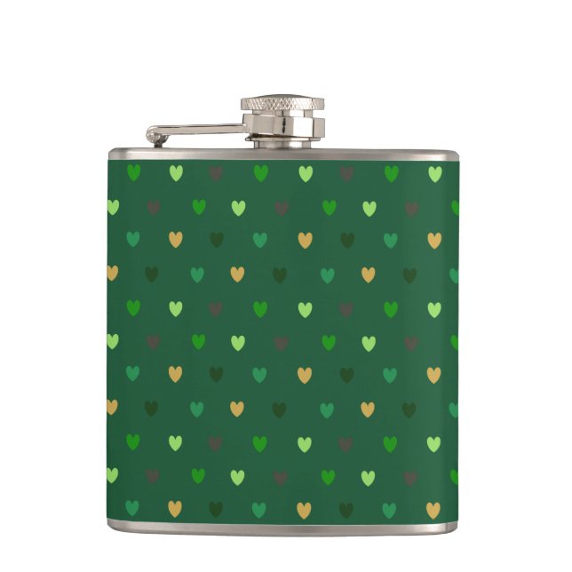 Polka hearts on forest green hip flask (Front)