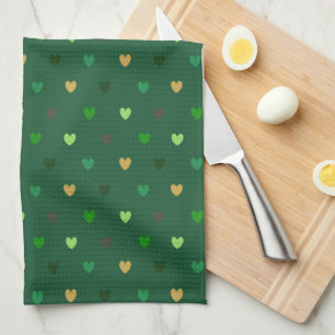 Polka hearts on forest green tea towel