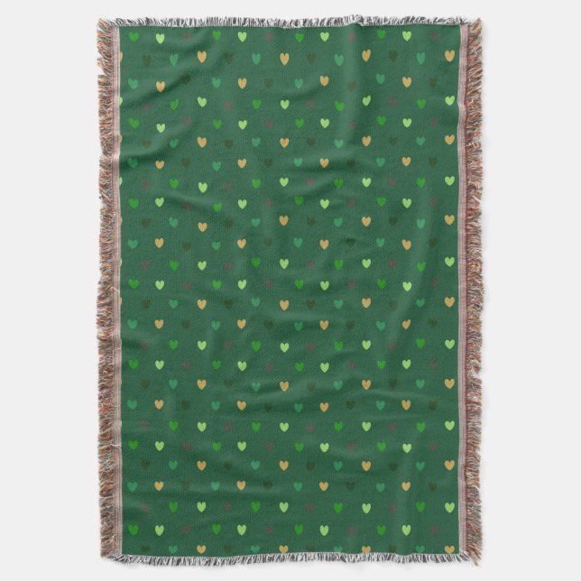 Polka hearts on forest green throw blanket (Front Vertical)