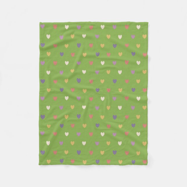 Polka hearts on greenery green fleece blanket (Front)