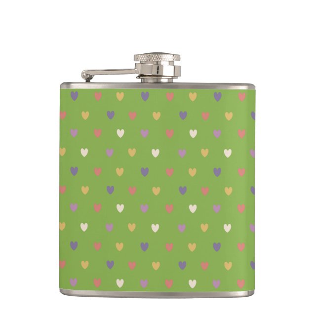 Polka hearts on greenery green hip flask (Front)