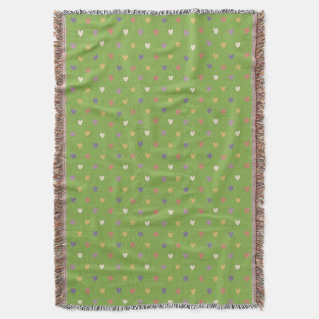 Polka hearts on greenery green throw blanket (Front Vertical)