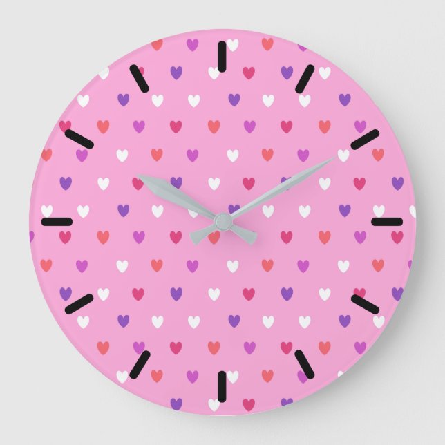Polka hearts on pink large clock (Front)