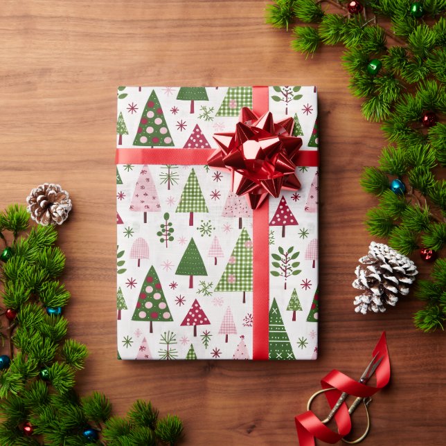 PolkaDot, Check Green & Pink Tree Pattern on White Wrapping Paper (Holiday Gift)