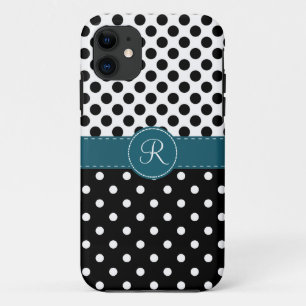 Polkadots and Teal Stitched Ribbon Monogram iPhone 11 Case