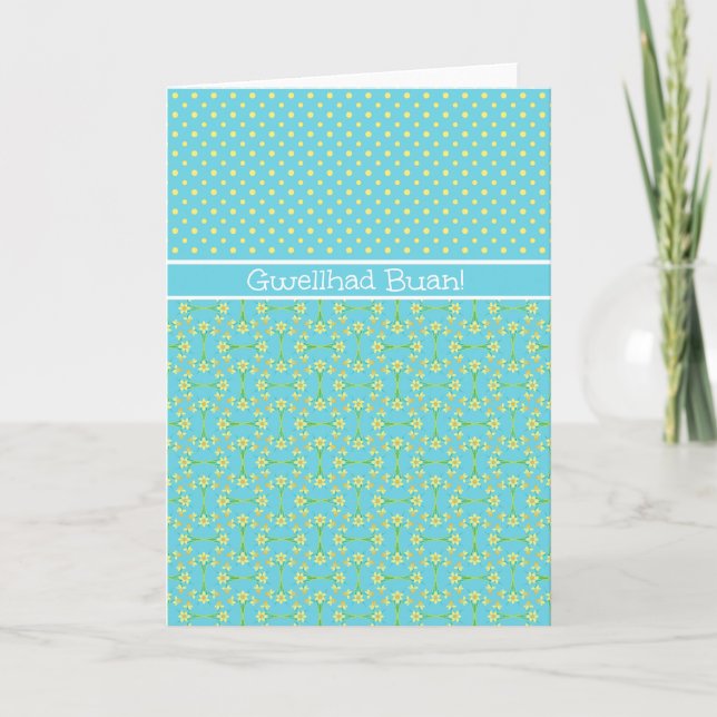 Polkas and Daffodils Get Well Card: Welsh Greeting Card (Front)
