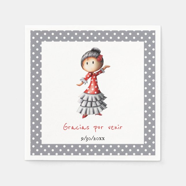 Polkda Dot Grey Spanish Sevillana Flamenco Dancer Napkin (Front)