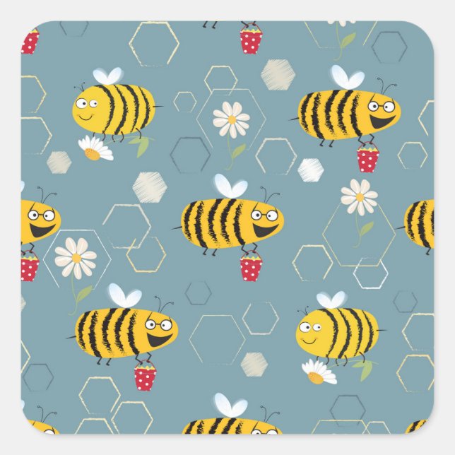 Pollinating Bees, Flowering Garden Scene. Square Sticker (Front)